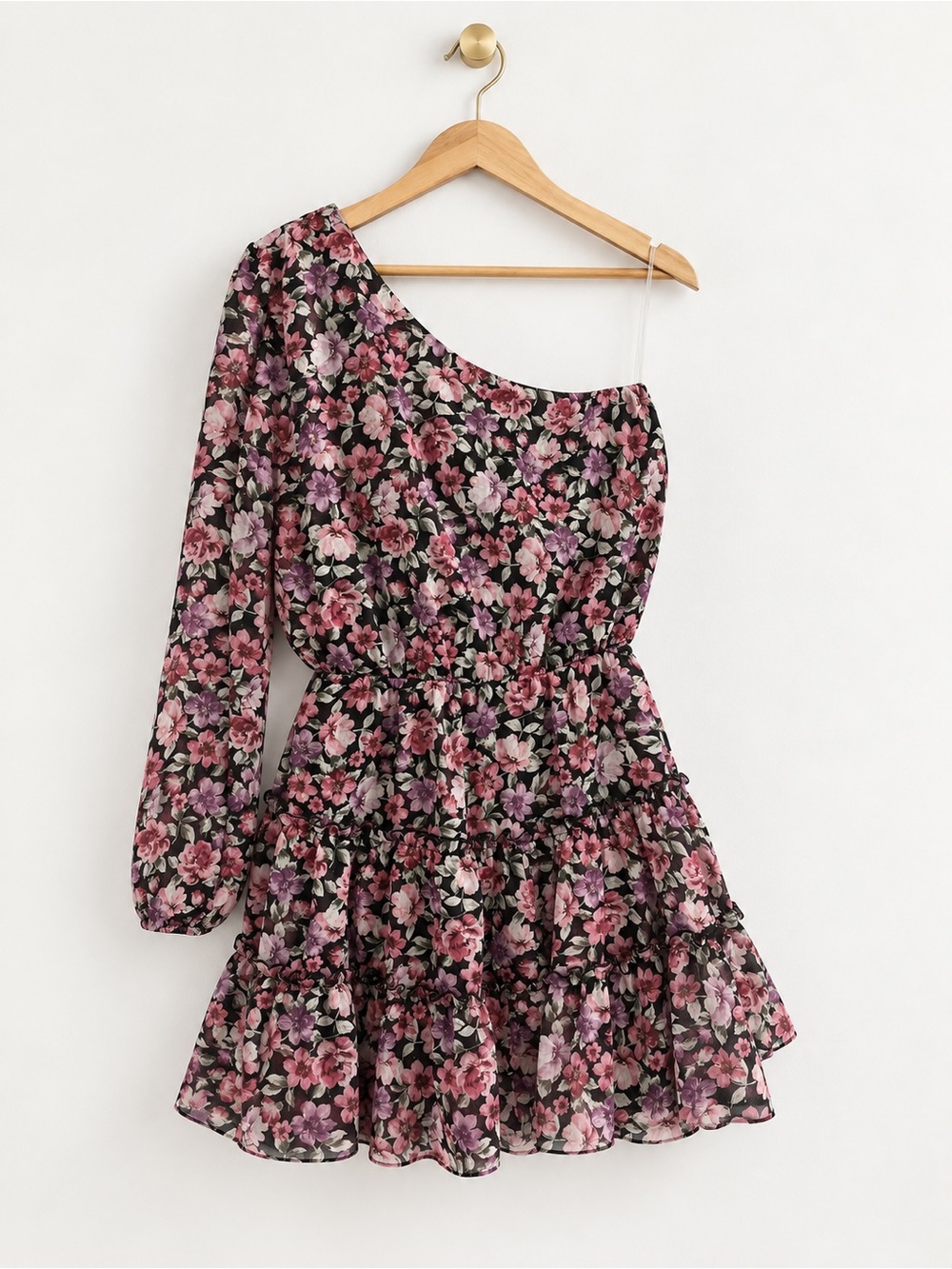 Peach Love California Floral One Shoulder Tiered Dress Size M Romantic